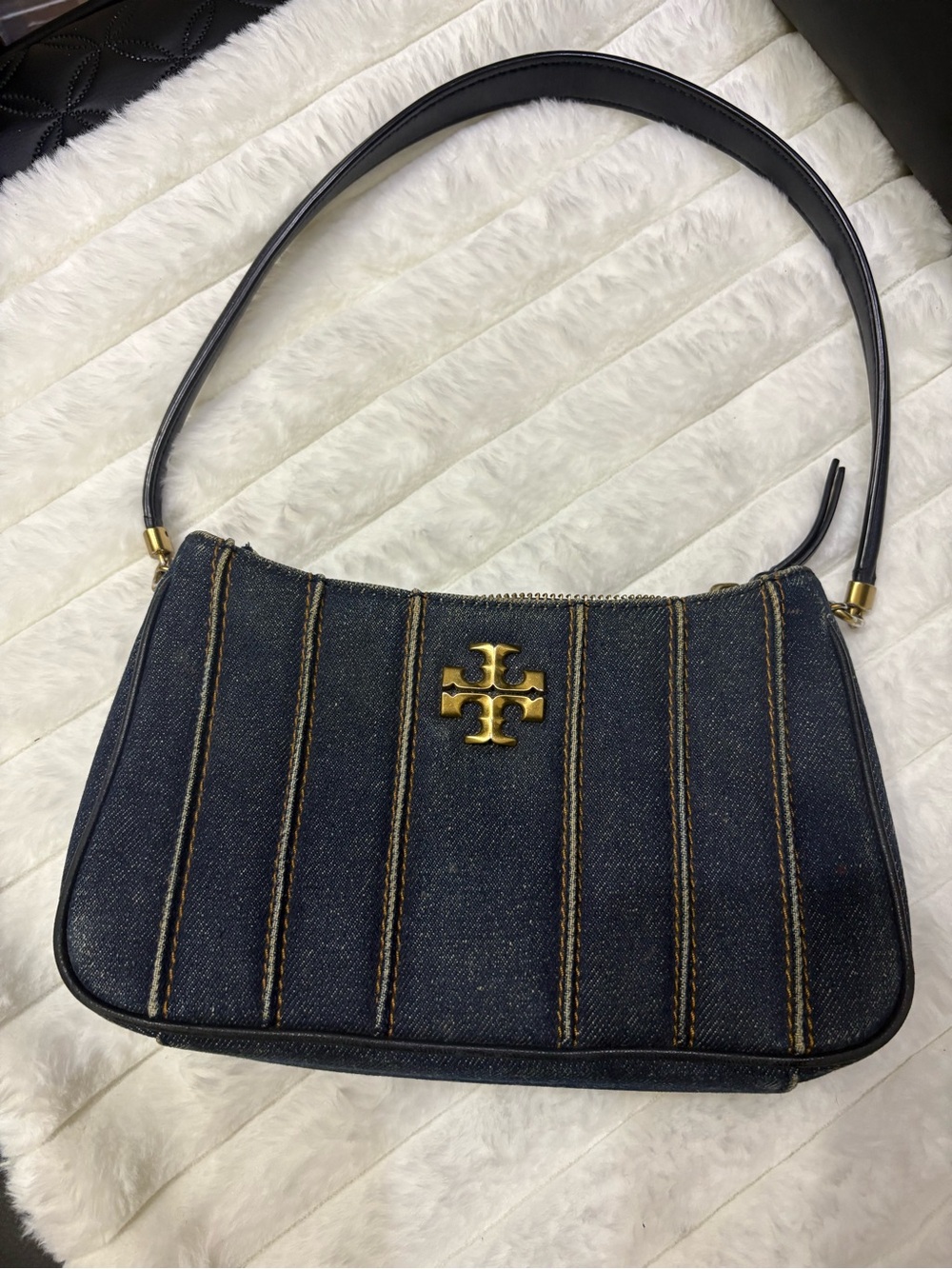 Tory Burch Dark Blue Denim Shoulder Bag with Gold Logo